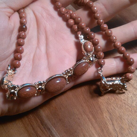 Gold Sandstone and Brown Austrian Crystal Beaded Goldtone Dragon Necklace - Picture 9 of 13